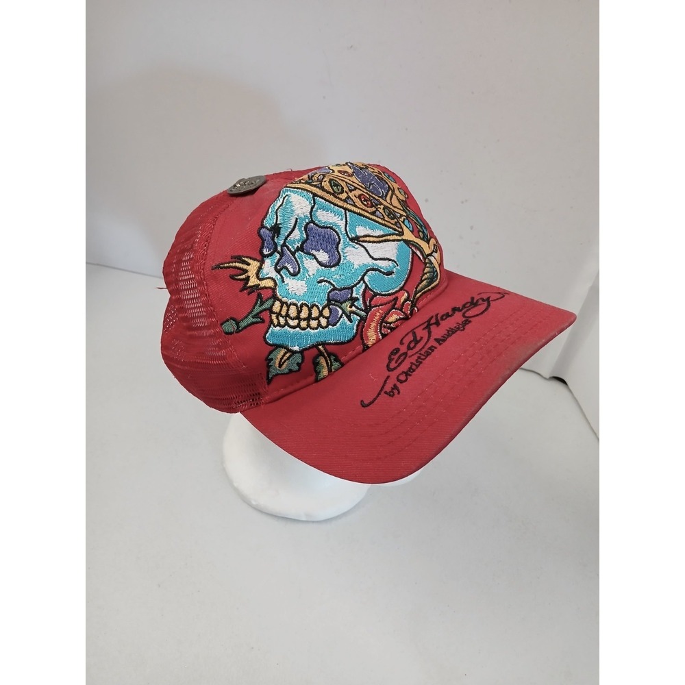 Ed Hardy by Christian Audigier Hat Red Mesh Trucker King Skull Embroidery Y2K‎